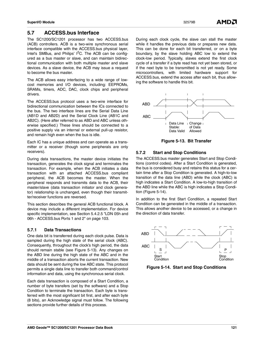 AMD manual ACCESS.bus Interface, Data Transactions, Abd Abc, AMD Geode SC1200/SC1201 Processor Data Book 121 