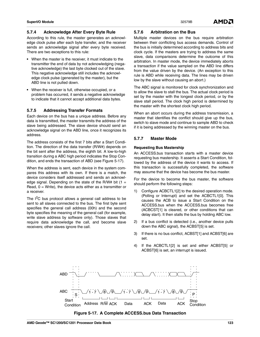 AMD SC1201, SC1200 Acknowledge After Every Byte Rule, Arbitration on the Bus, Addressing Transfer Formats, Master Mode 