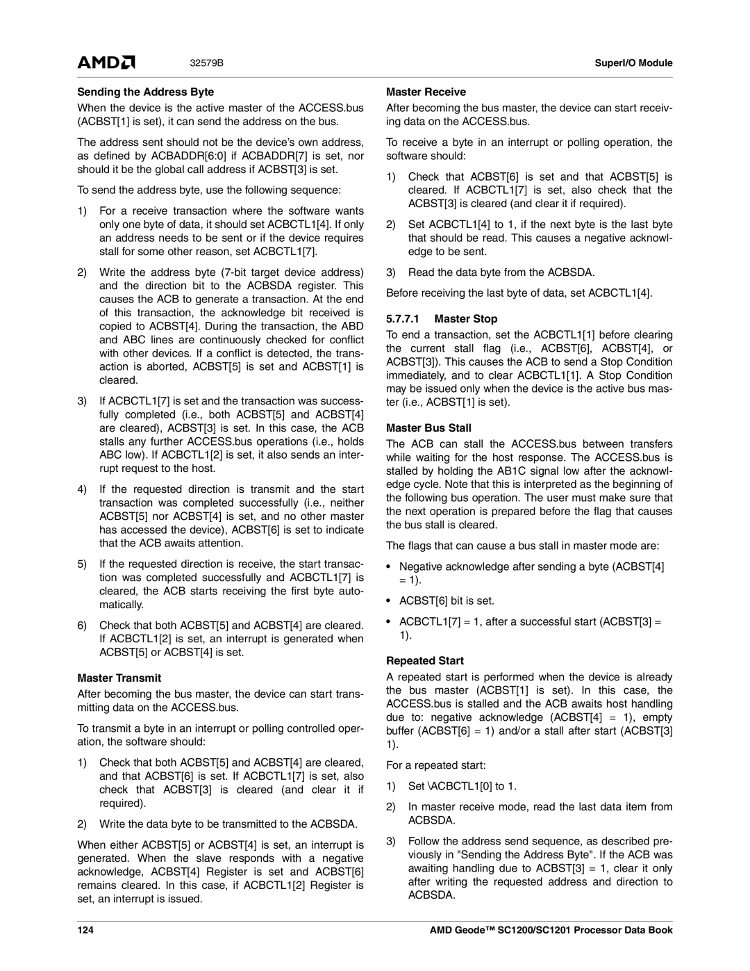 AMD SC1200 manual Sending the Address Byte, Master Transmit, Master Receive, Master Stop, Master Bus Stall, Repeated Start 