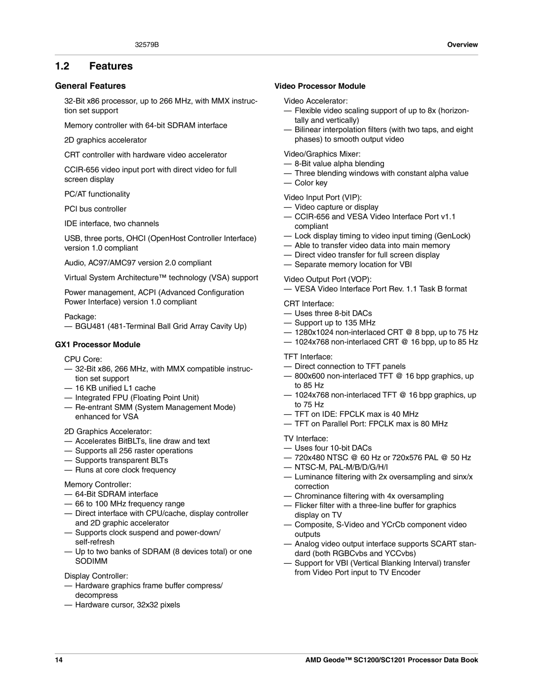 AMD SC1200, SC1201 manual General Features, GX1 Processor Module, Video Processor Module 