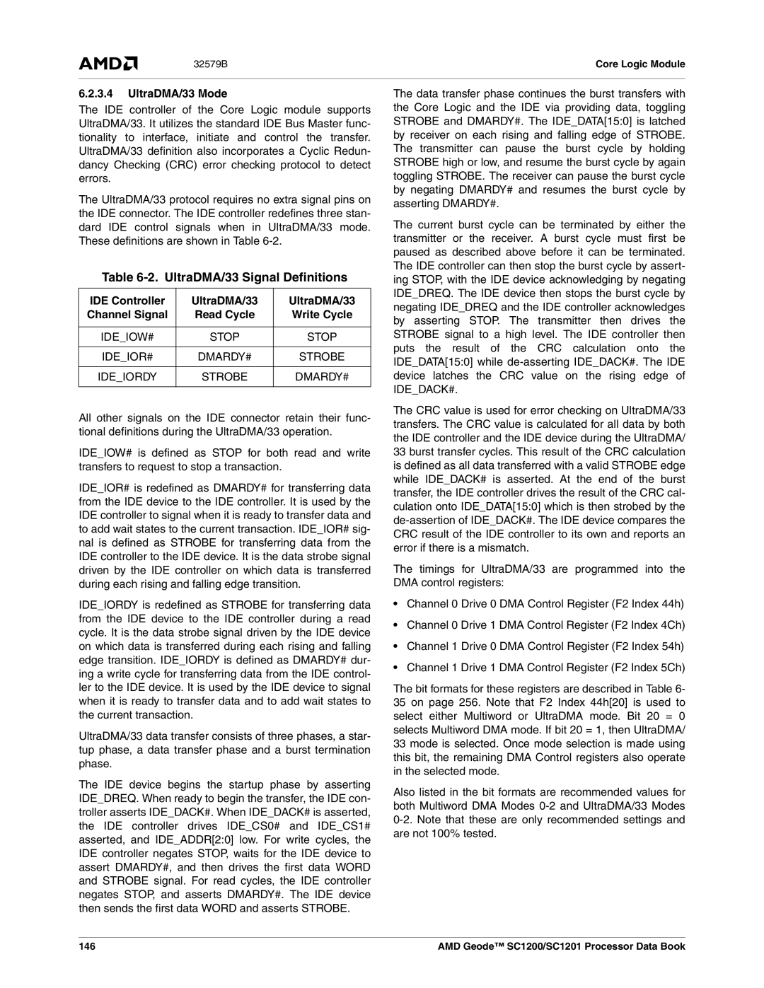 AMD SC1200, SC1201 manual UltraDMA/33 Signal Definitions, UltraDMA/33 Mode, Stop, DMARDY# Strobe Ideiordy, 146 