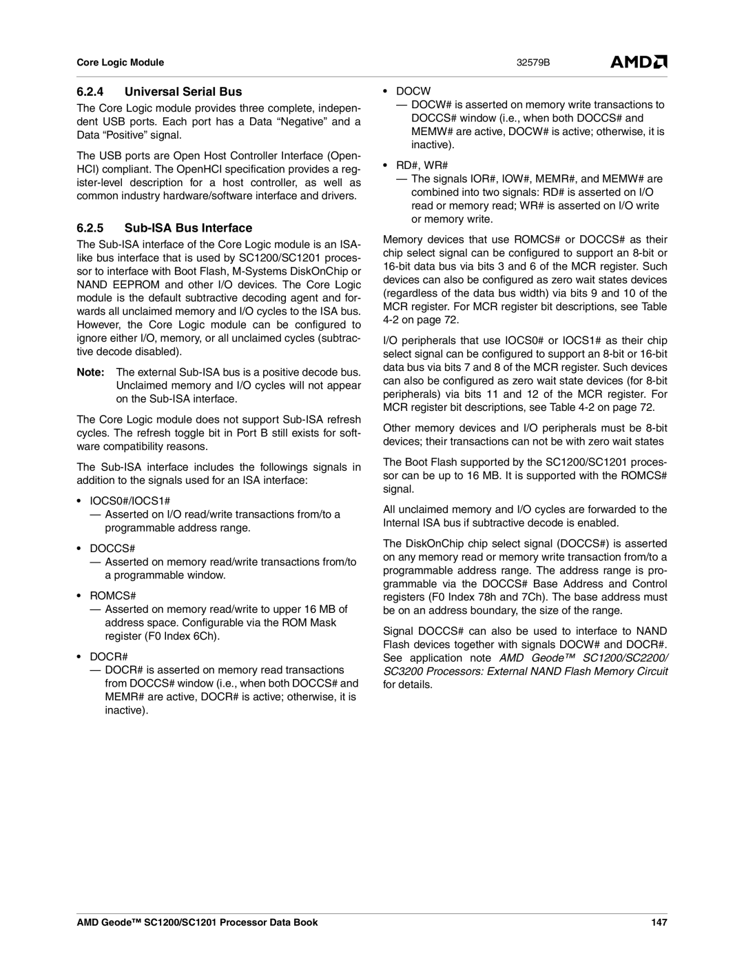 AMD SC1201, SC1200 manual Universal Serial Bus, Sub-ISA Bus Interface, IOCS0#/IOCS1#, Docw 