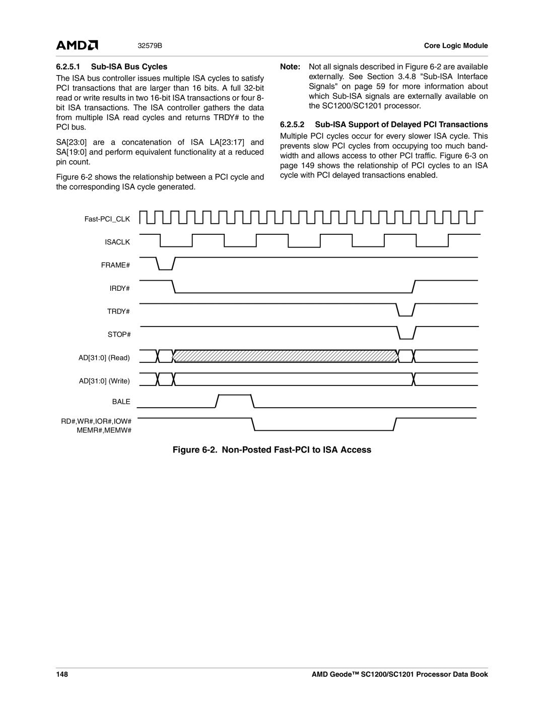 AMD SC1200 manual Sub-ISA Bus Cycles, Sub-ISA Support of Delayed PCI Transactions, Fast-PCICLK, AD310 Read AD310 Write, 148 