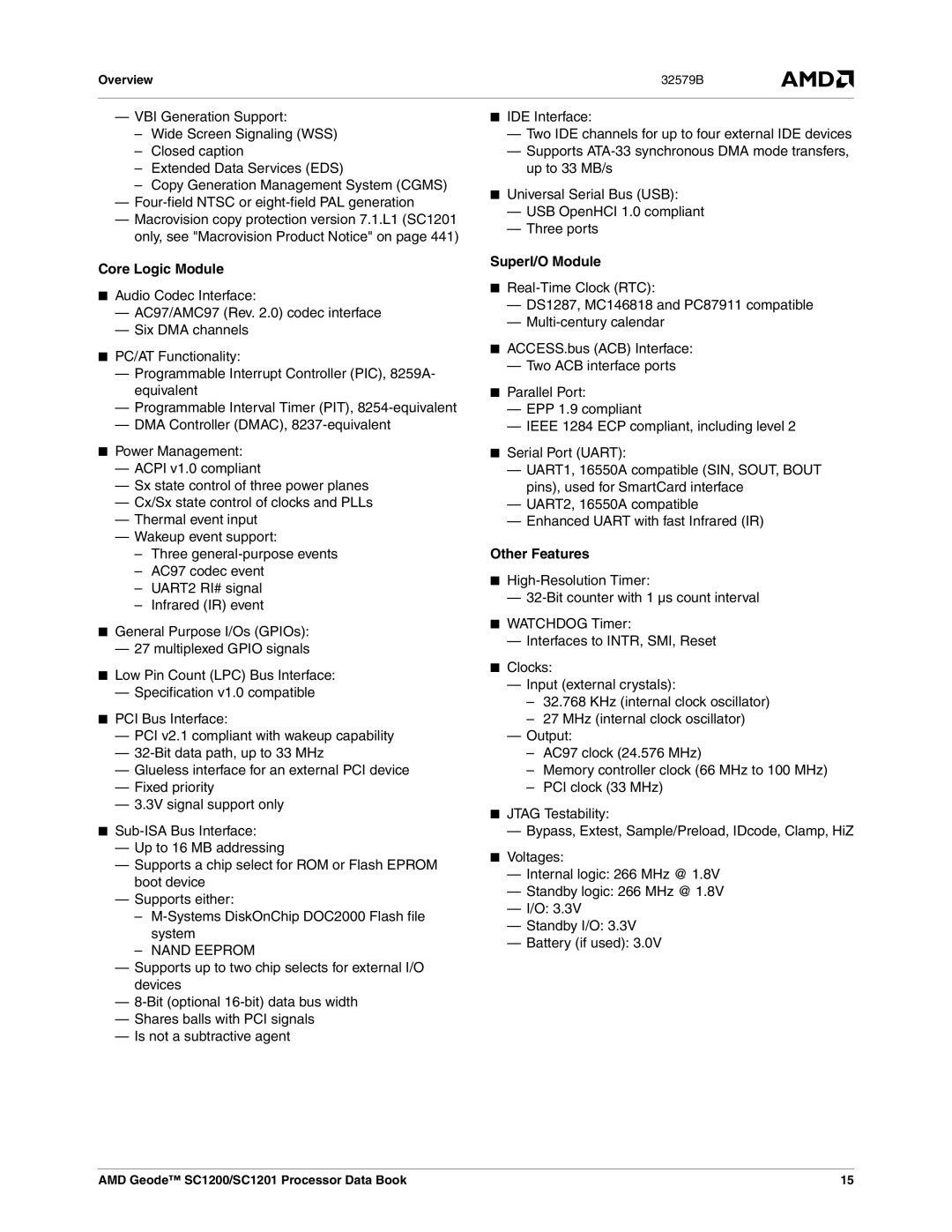 AMD SC1201, SC1200 manual Core Logic Module, Nand Eeprom, SuperI/O Module, Other Features, Overview 