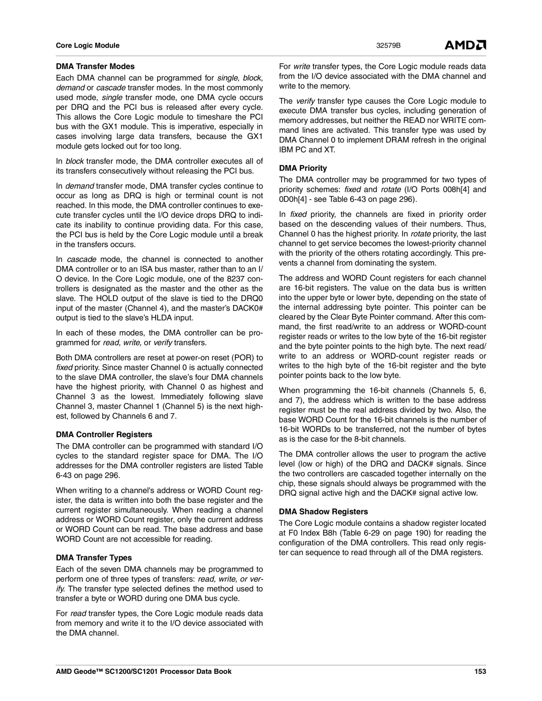 AMD SC1201, SC1200 DMA Transfer Modes, DMA Controller Registers, DMA Transfer Types, DMA Priority, DMA Shadow Registers 