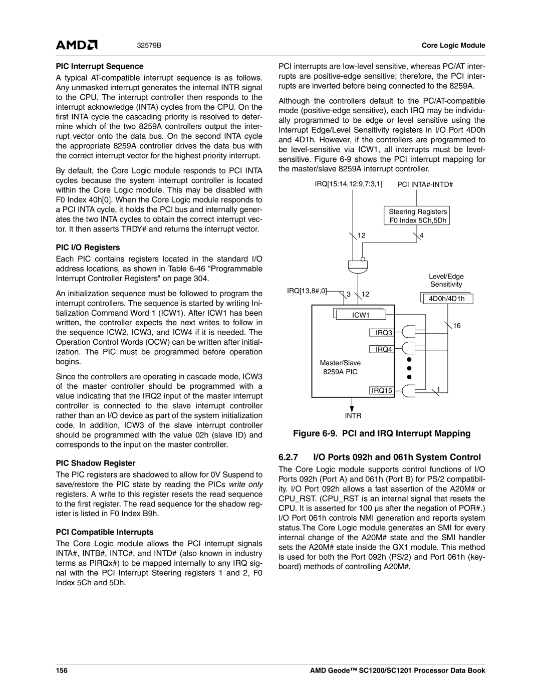 AMD SC1200, SC1201 manual PIC Interrupt Sequence, PIC I/O Registers, PIC Shadow Register, PCI Compatible Interrupts, 156 