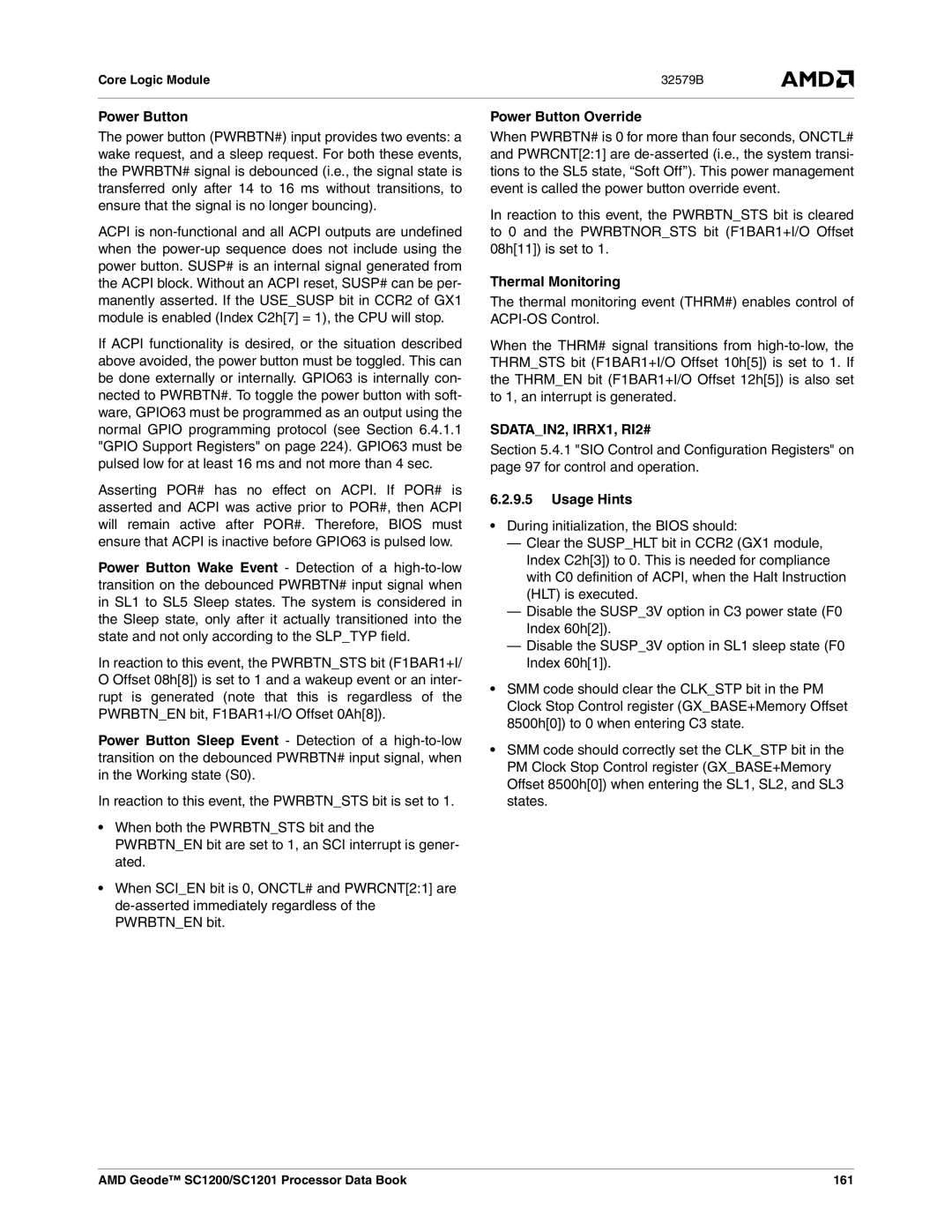 AMD manual Power Button Override, Thermal Monitoring, AMD Geode SC1200/SC1201 Processor Data Book 161 