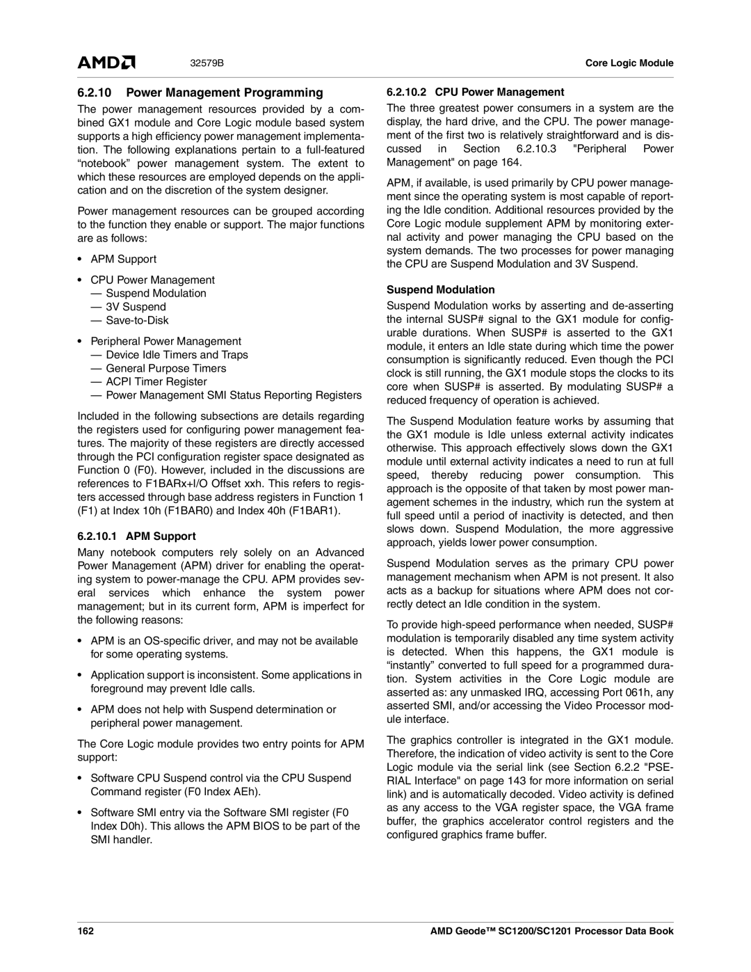 AMD SC1200, SC1201 manual Power Management Programming, APM Support, CPU Power Management, Suspend Modulation, 162 