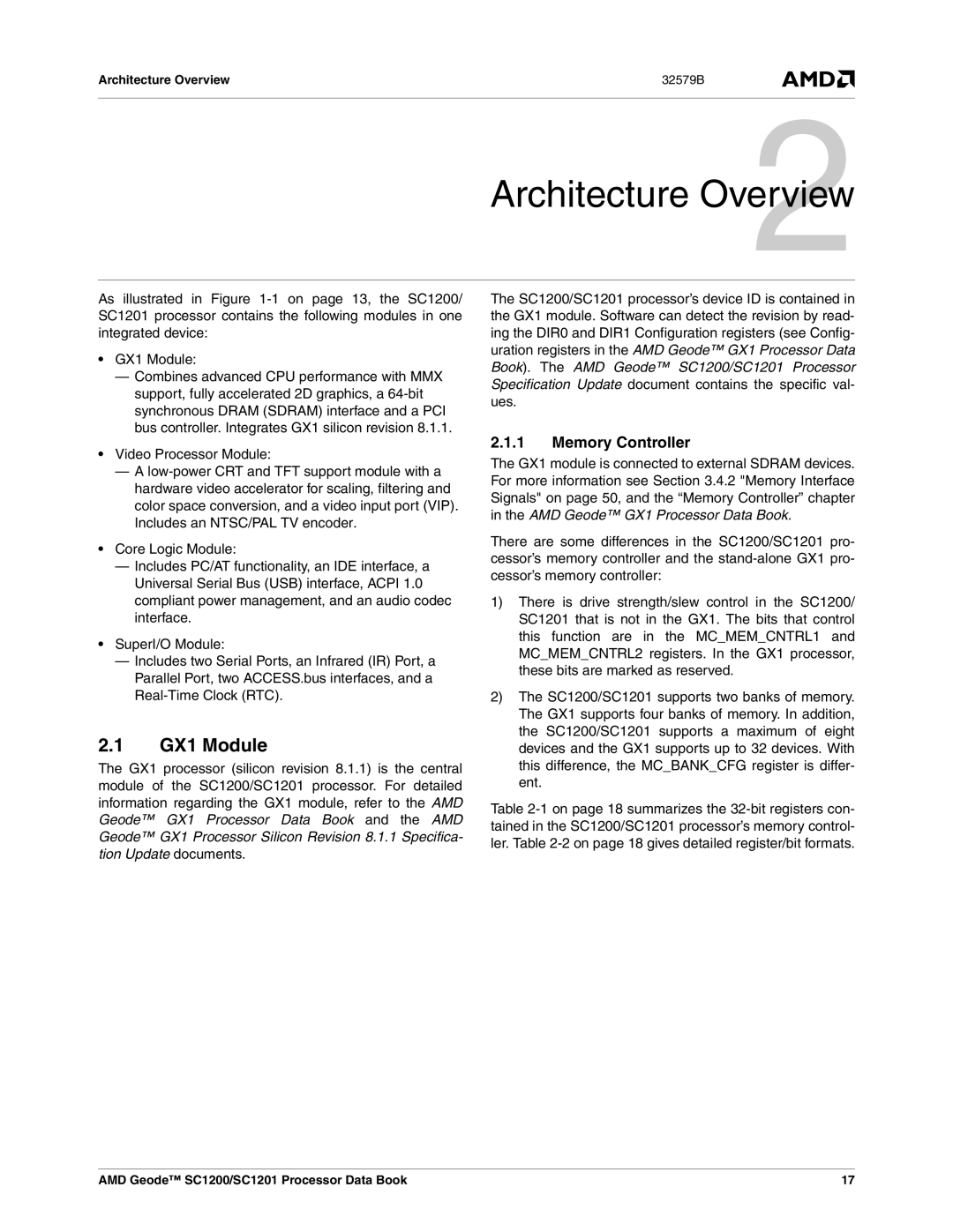 AMD SC1201, SC1200 manual GX1 Module, Memory Controller, Architecture Overview 32579B 