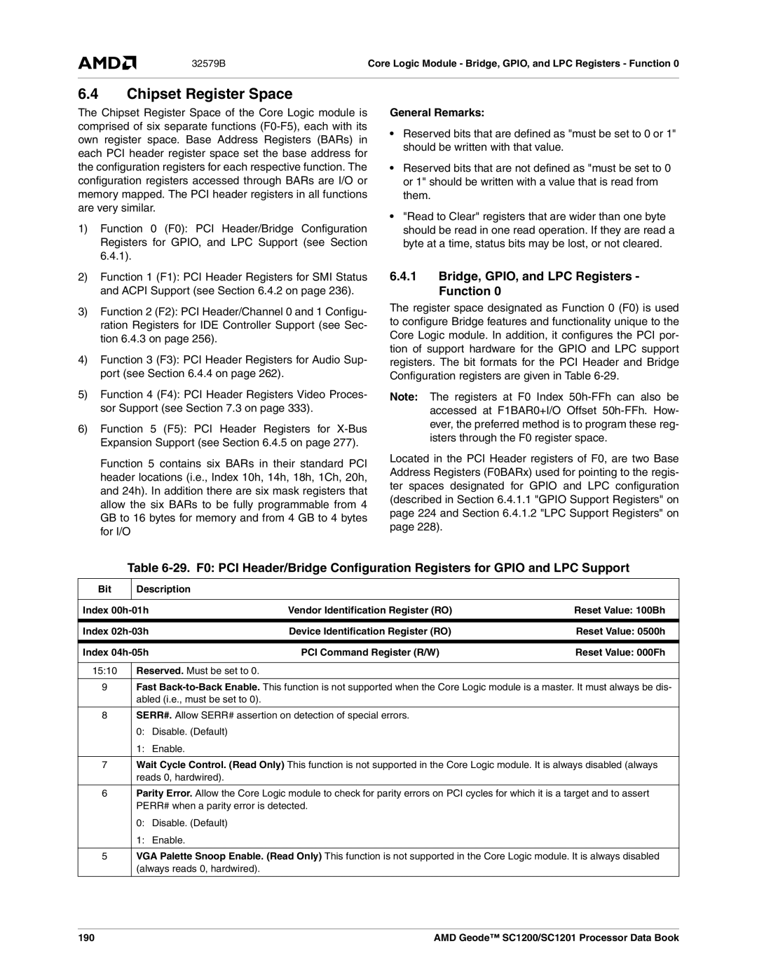 AMD SC1200, SC1201 manual Chipset Register Space, Bridge, GPIO, and LPC Registers Function, General Remarks 