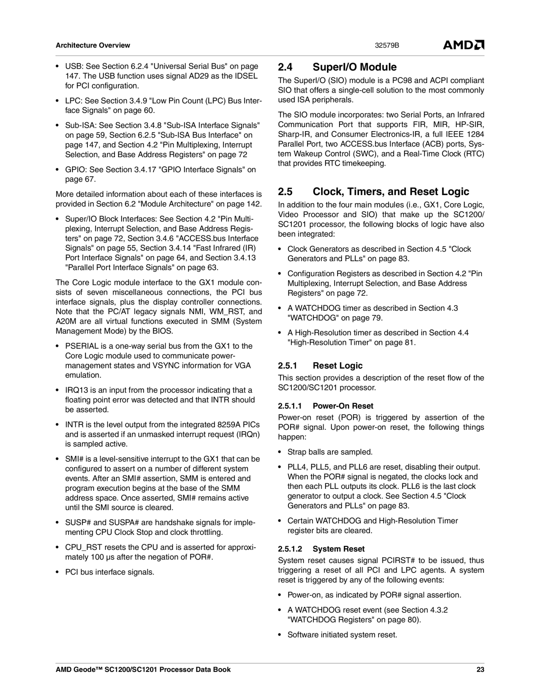 AMD SC1201, SC1200 manual Clock, Timers, and Reset Logic, Power-On Reset, System Reset 