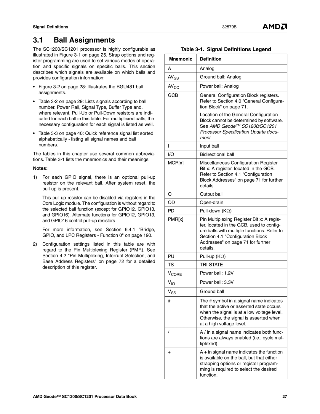 AMD SC1201, SC1200 manual Signal Definitions Legend, Mnemonic Definition 