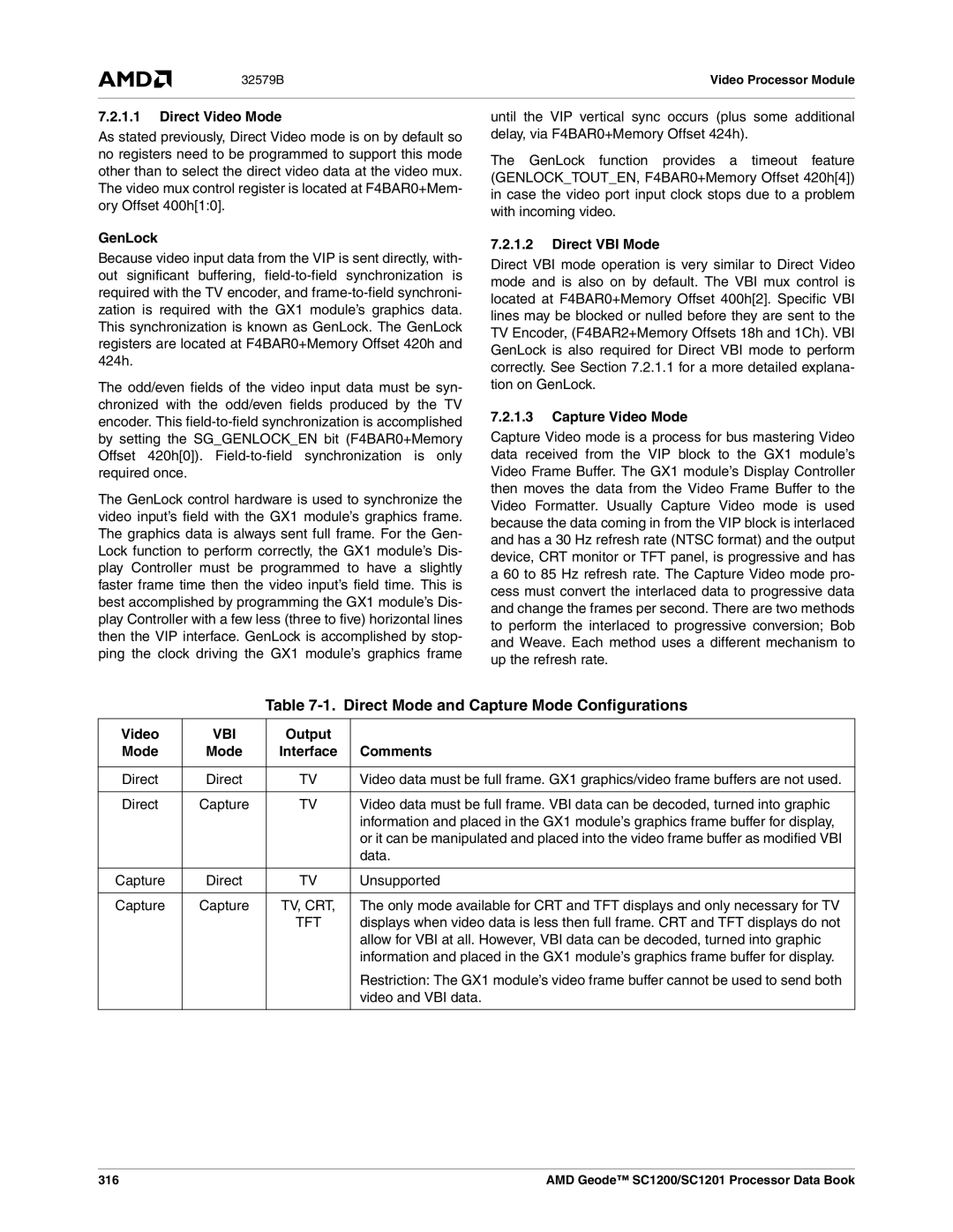 AMD SC1200, SC1201 manual Direct Mode and Capture Mode Configurations 