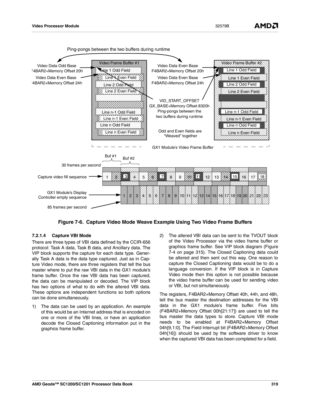 AMD SC1201, SC1200 manual Ping-pongs between the two buffers during runtime, Capture VBI Mode 