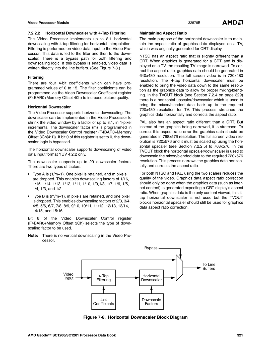 AMD SC1201, SC1200 manual Horizontal Downscaler with 4-Tap Filtering, Maintaining Aspect Ratio 