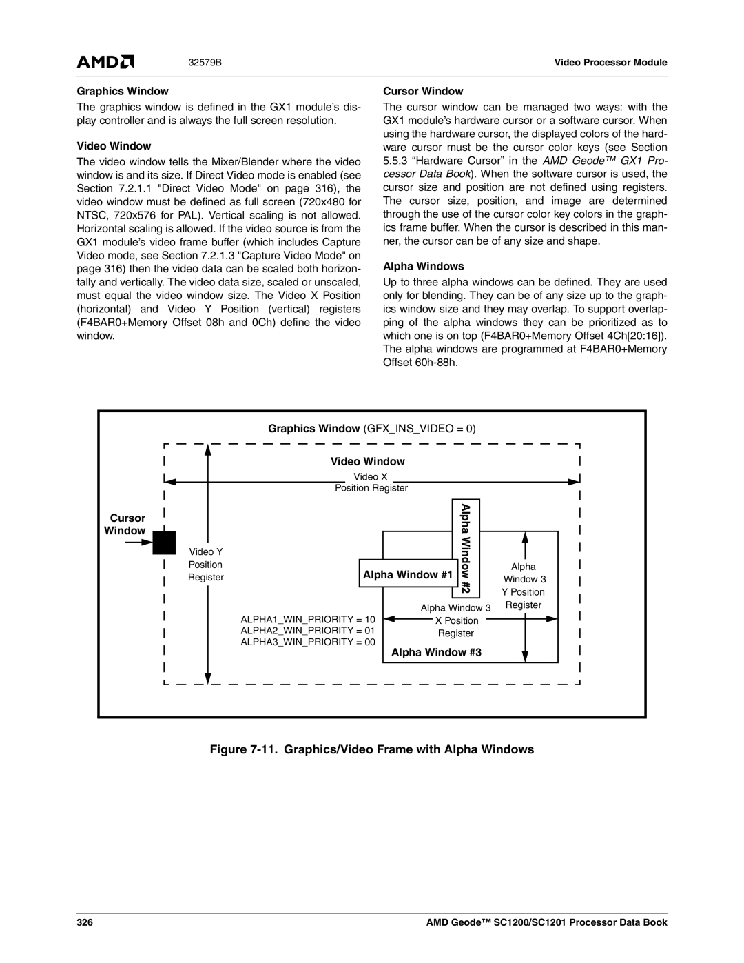 AMD SC1200, SC1201 Graphics Window, Video Window, Cursor Window, Alpha Windows, Cursor Alpha Window Alpha Window #1 Window 