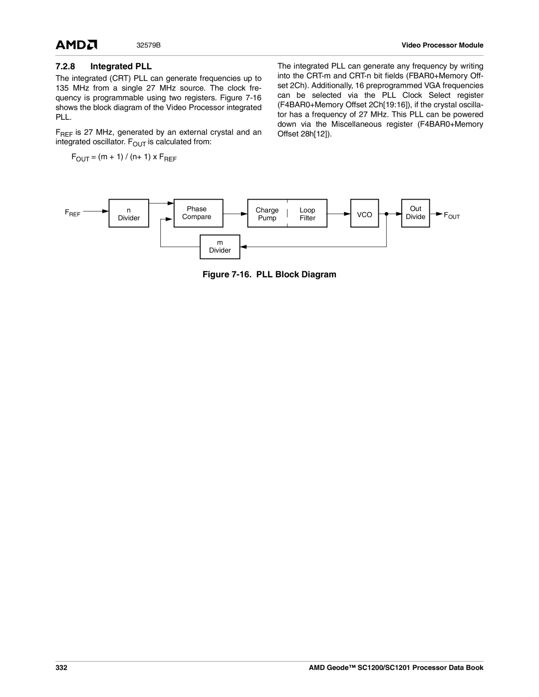 AMD SC1200, SC1201 manual Integrated PLL, Divider Phase Charge Loop, Compare Pump Filter Divider Out, 332 