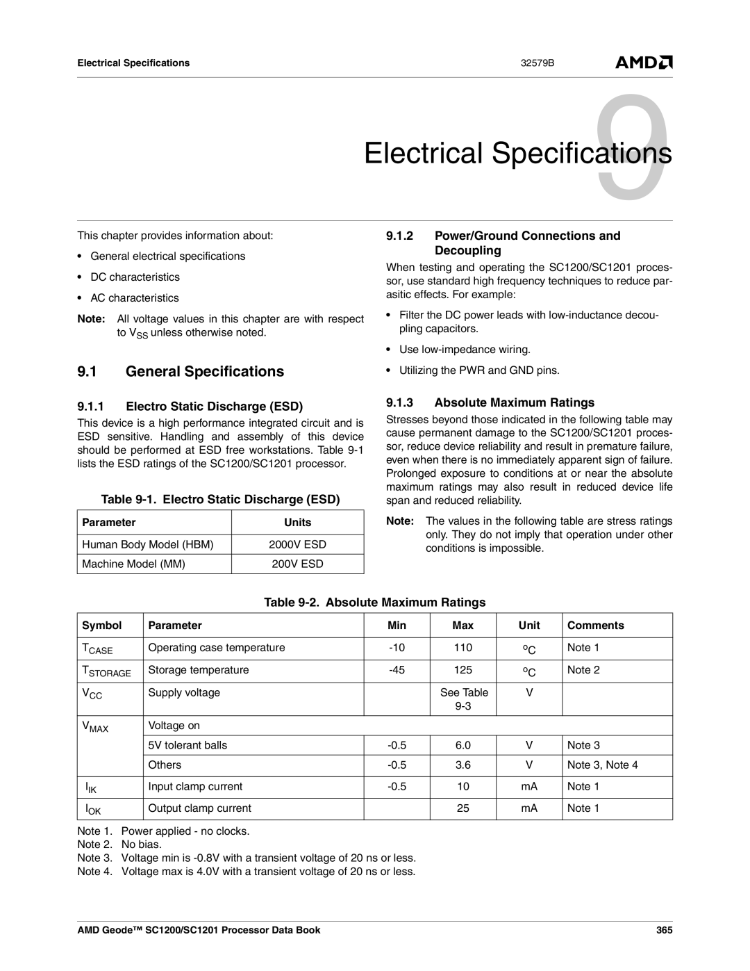 AMD SC1201, SC1200 manual General Specifications, Power/Ground Connections and Decoupling, Electro Static Discharge ESD 