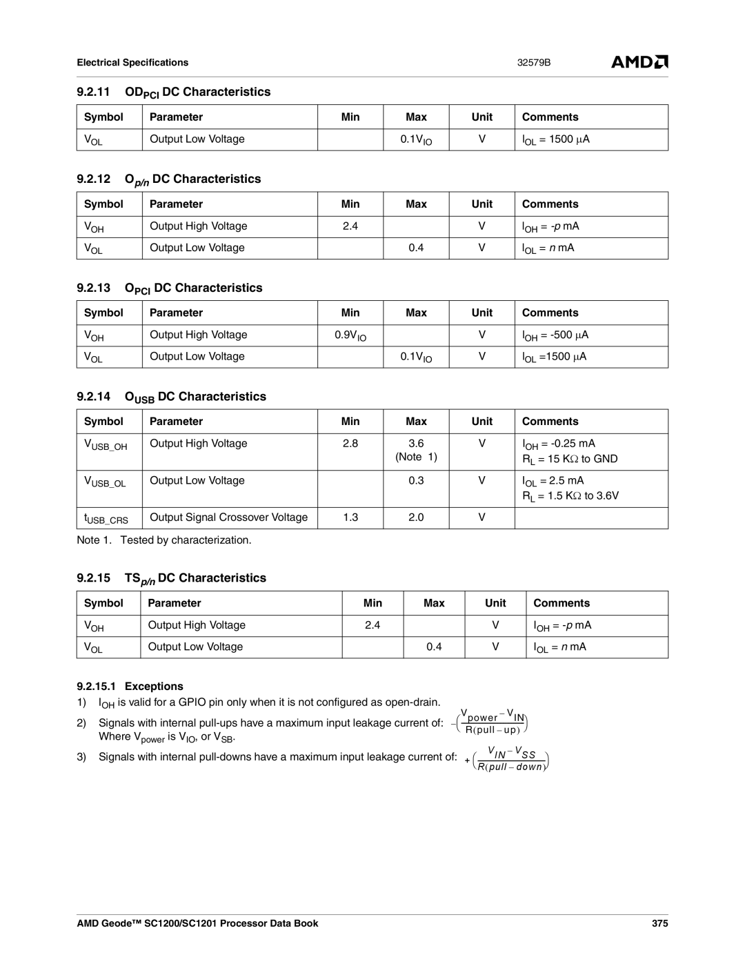 AMD SC1201, SC1200 Odpci DC Characteristics, Op/n DC Characteristics, Opci DC Characteristics, Ousb DC Characteristics 