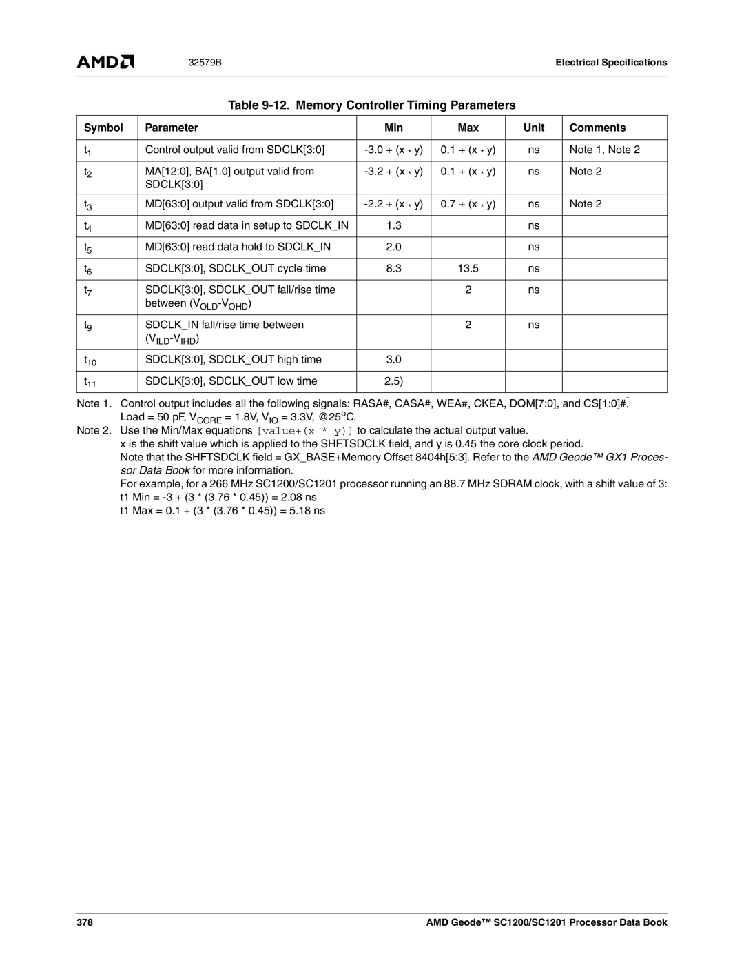 AMD SC1200 Memory Controller Timing Parameters, SDCLK30, Sdclkout high time, 32579BElectrical Specifications, 13.5, 378 