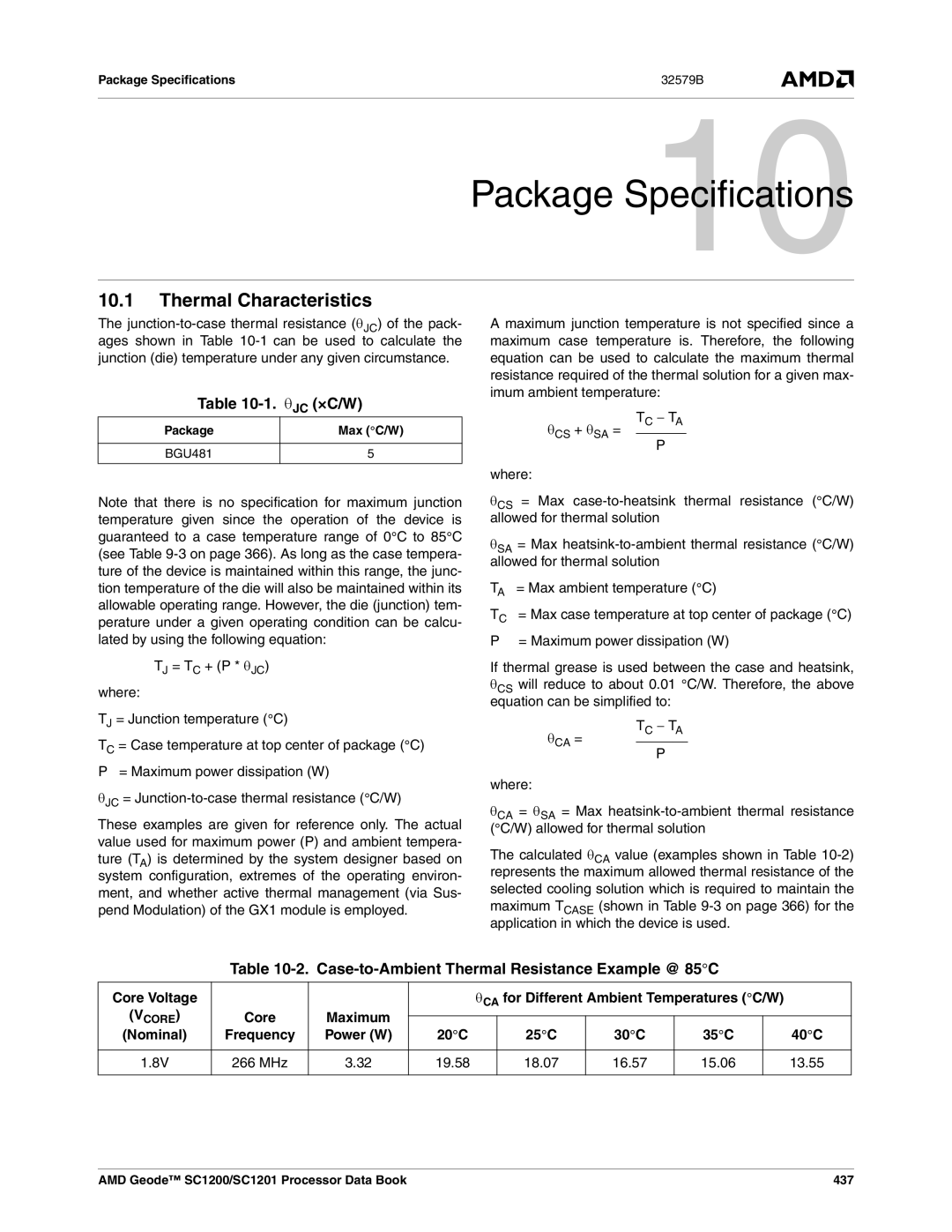 AMD SC1201, SC1200 manual Thermal Characteristics, Θjc ×C/W, Case-to-Ambient Thermal Resistance Example @ 85C 