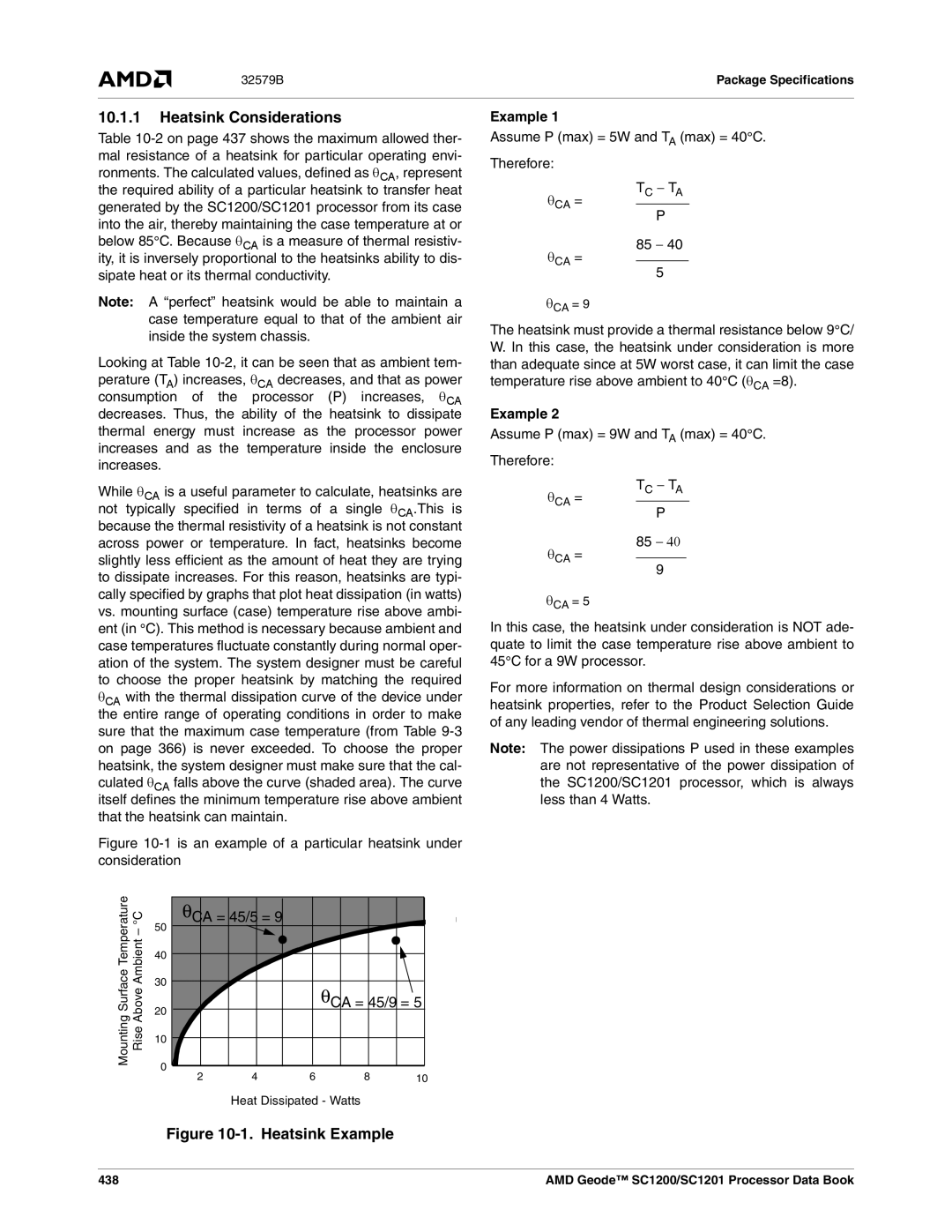 AMD SC1200, SC1201 manual Heatsink Considerations, Example, Assume P max = 5W and TA max = 40C Therefore, 438 