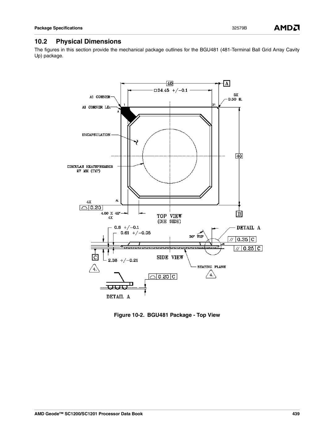 AMD manual Physical Dimensions, Package Specifications, AMD Geode SC1200/SC1201 Processor Data Book 439 