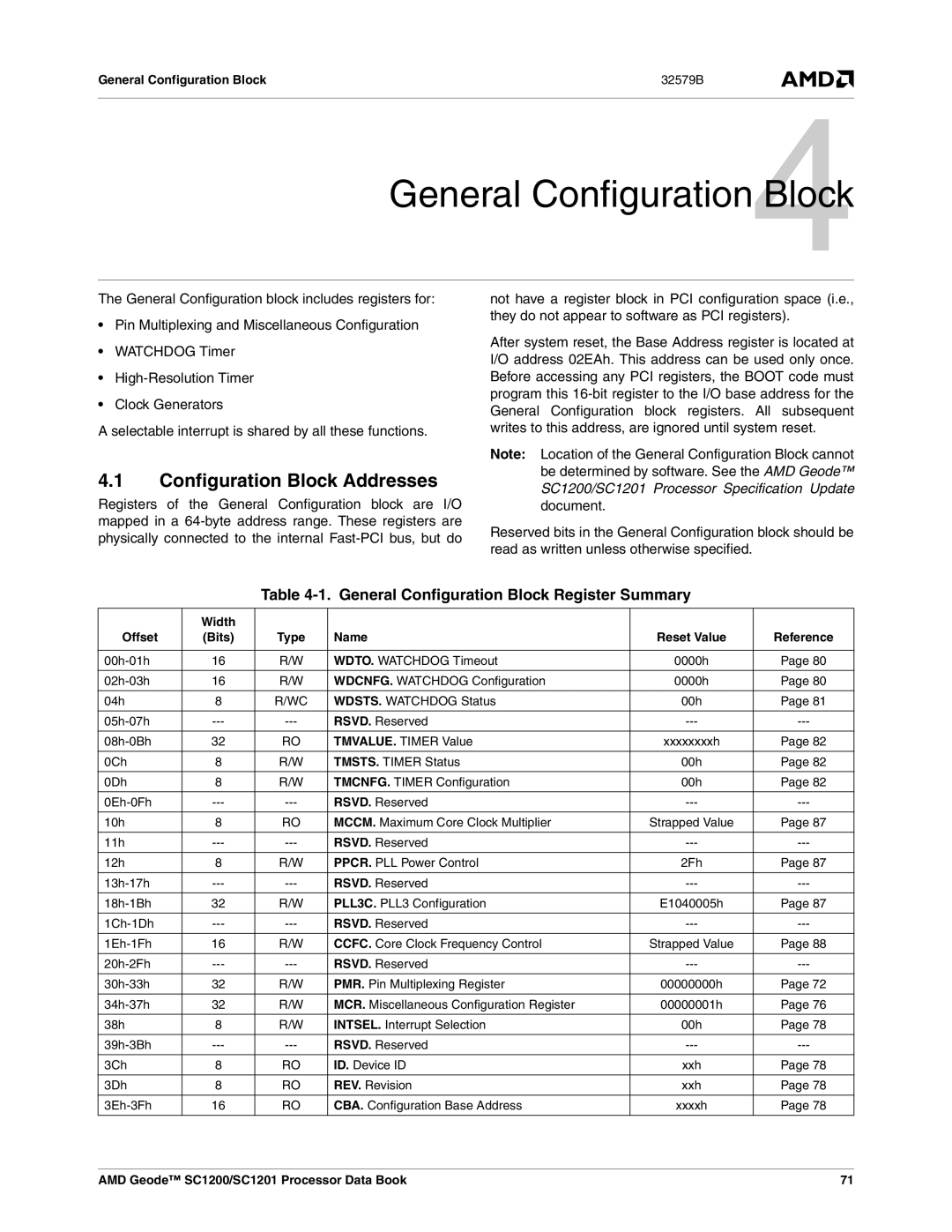 AMD SC1201 Configuration Block Addresses, General Configuration Block Register Summary, General Configuration Block 32579B 