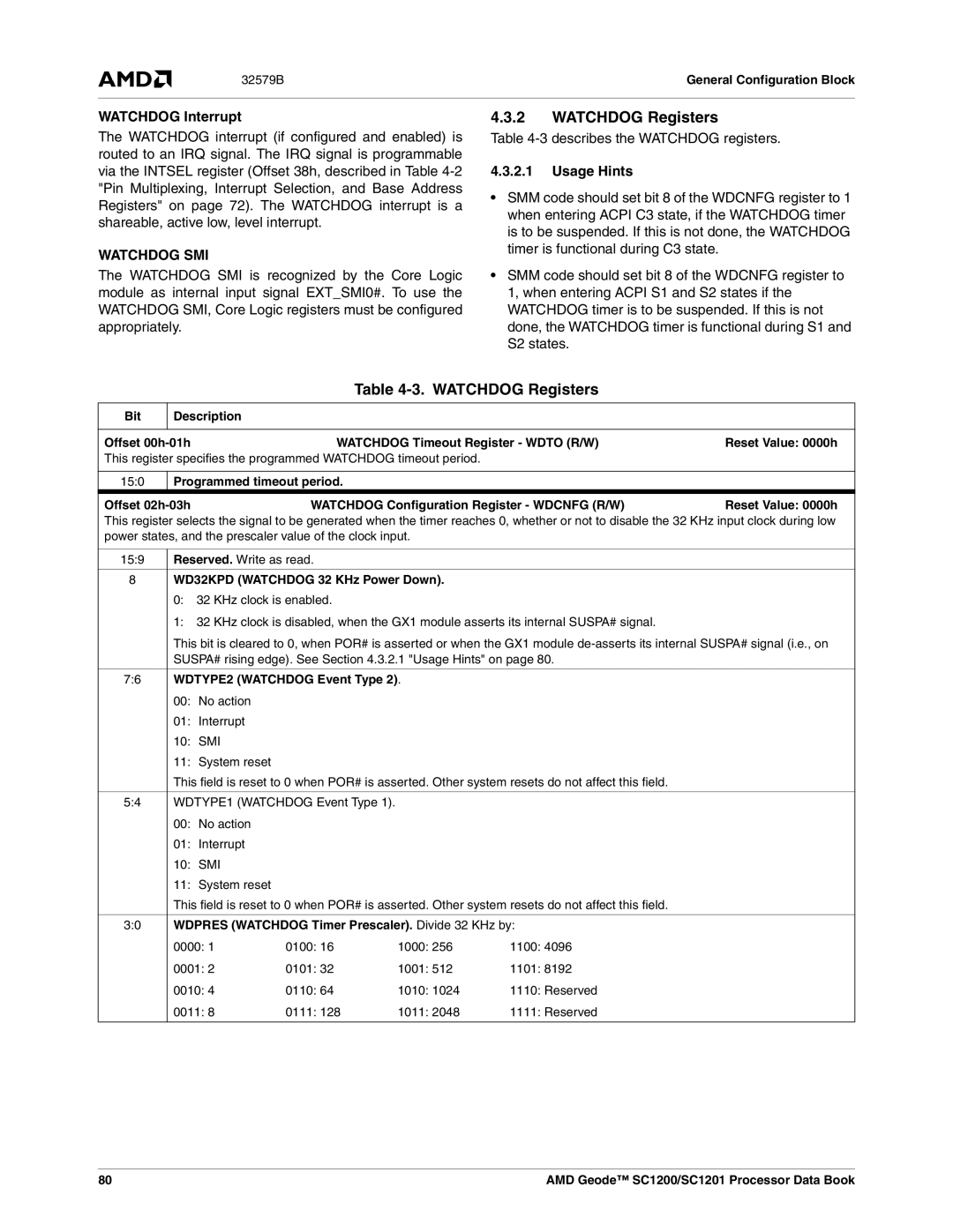 AMD SC1200, SC1201 manual Watchdog Registers, Watchdog Interrupt, 3describes the Watchdog registers, Usage Hints 