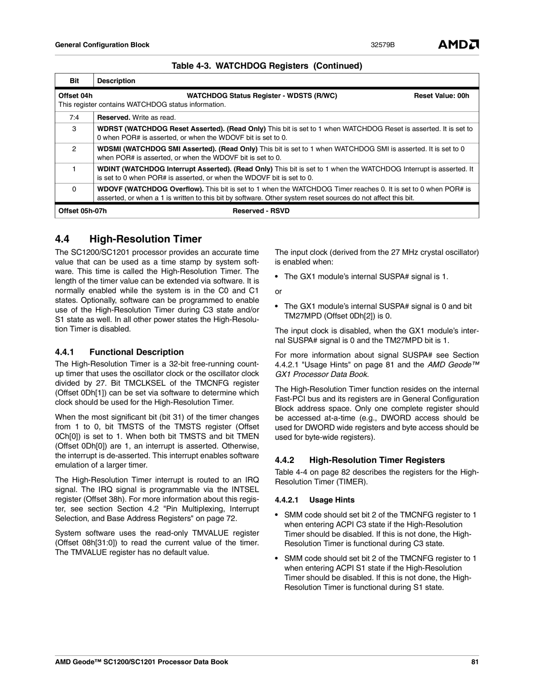 AMD SC1201 manual High-Resolution Timer Registers, Watchdog Status Register Wdsts R/WC Reset Value 00h, Offset 05h-07h 