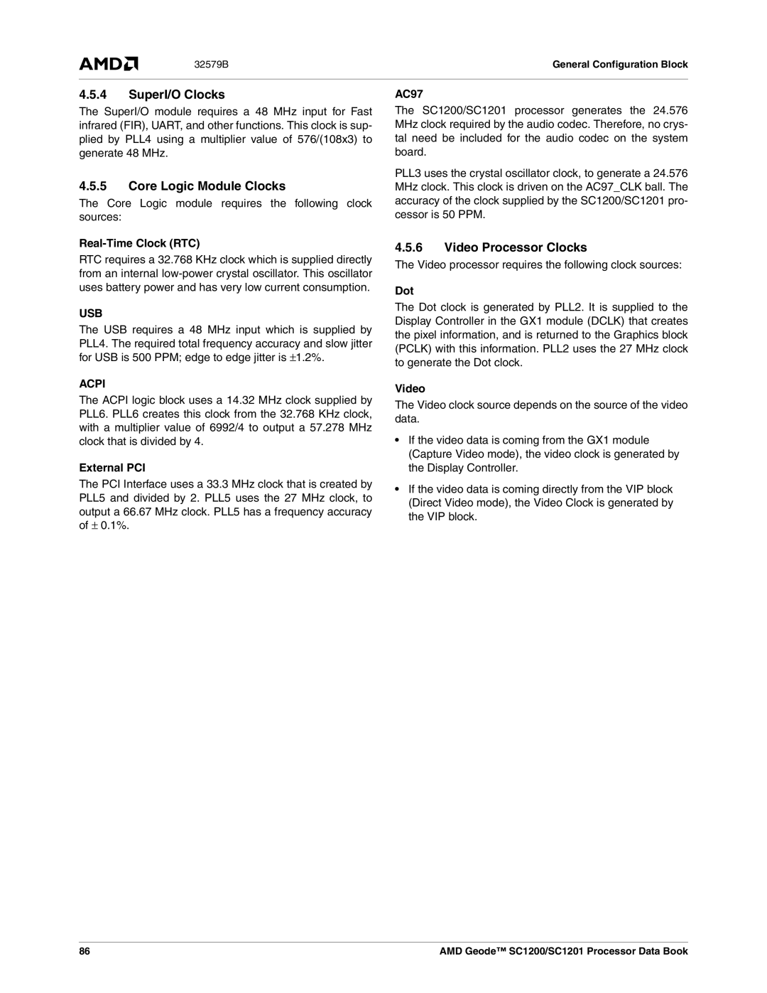 AMD SC1200, SC1201 manual SuperI/O Clocks, Core Logic Module Clocks, Video Processor Clocks 