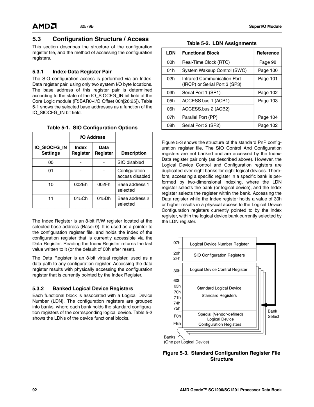 AMD SC1200, SC1201 Configuration Structure / Access, Index-Data Register Pair, SIO Configuration Options, LDN Assignments 