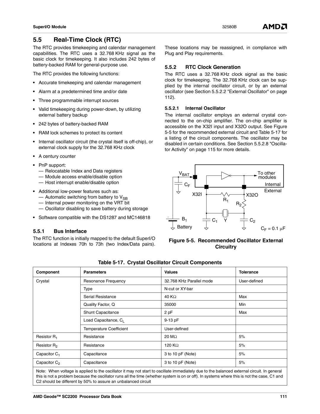 AMD SC2200 manual Real-Time Clock RTC, Bus Interface, RTC Clock Generation, Internal Oscillator 