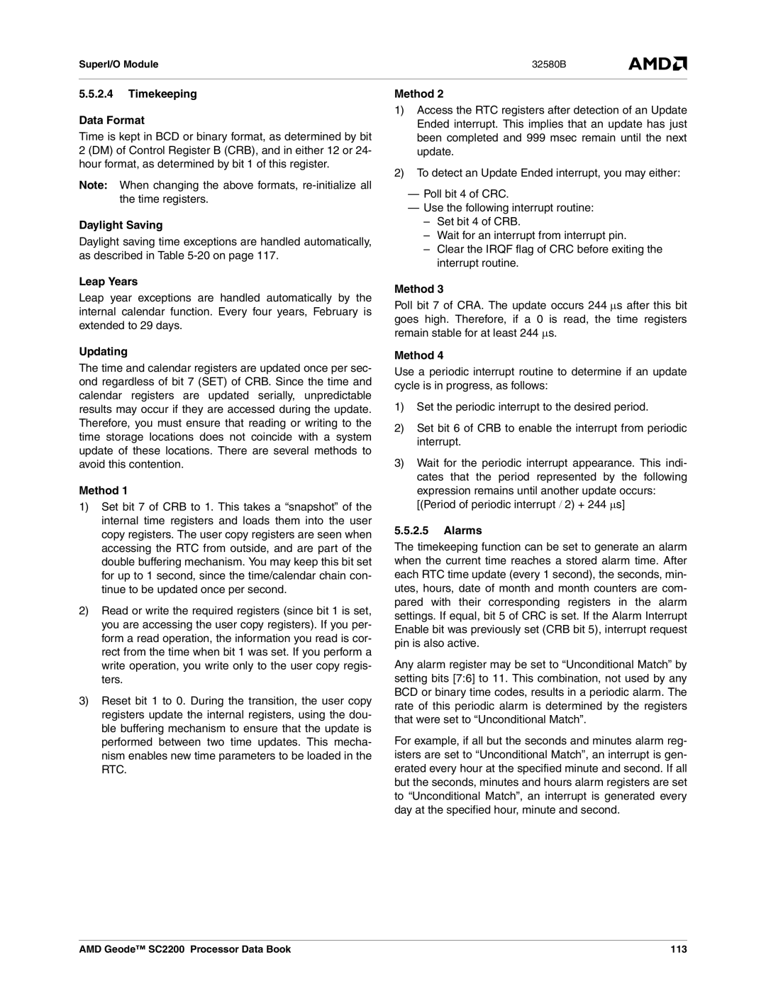 AMD SC2200 manual Timekeeping Data Format, Daylight Saving, Leap Years, Updating, Method, Alarms 