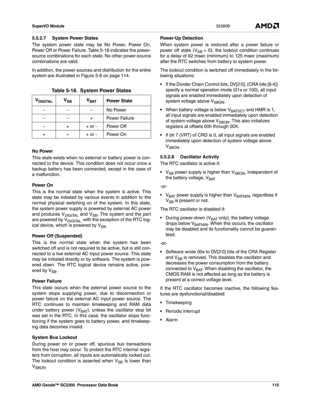 AMD SC2200 manual System Power States 