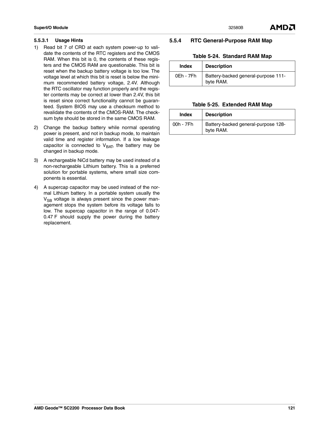 AMD SC2200 manual RTC General-Purpose RAM Map 24. Standard RAM Map, Extended RAM Map, Index Description 