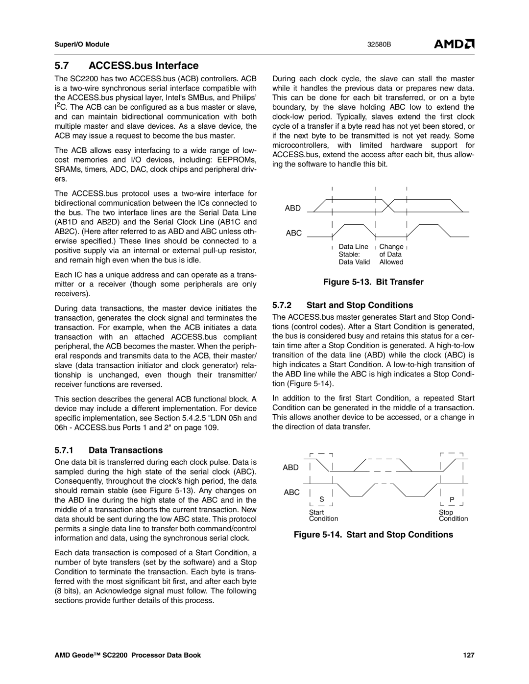 AMD manual ACCESS.bus Interface, Data Transactions, Abd Abc, AMD Geode SC2200 Processor Data Book 127 