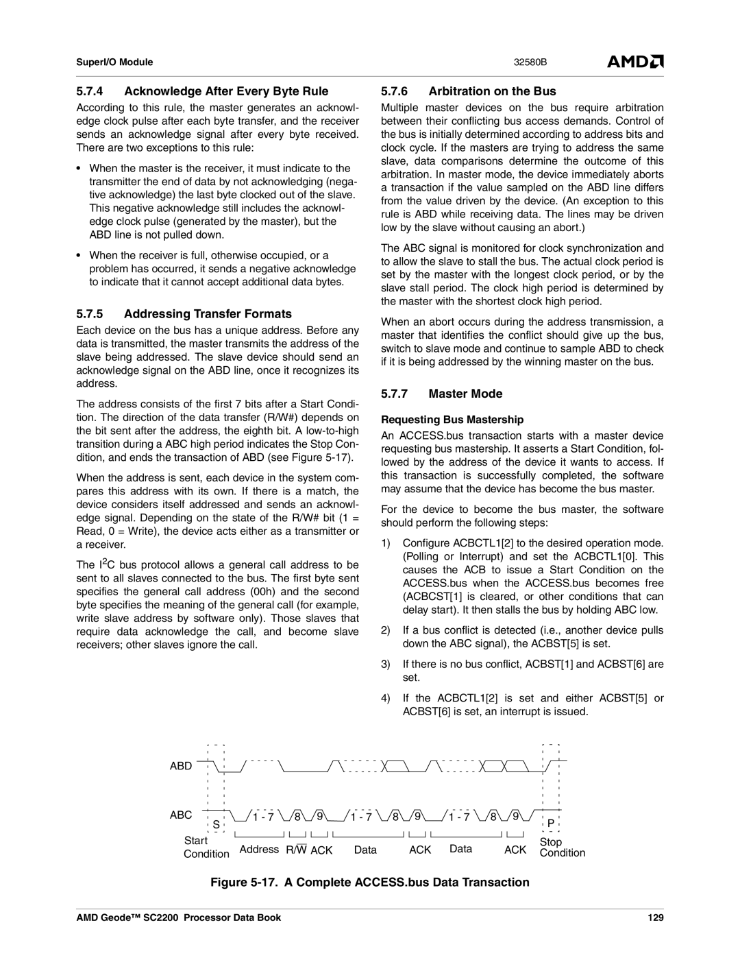 AMD SC2200 manual Acknowledge After Every Byte Rule, Arbitration on the Bus, Addressing Transfer Formats, Master Mode 