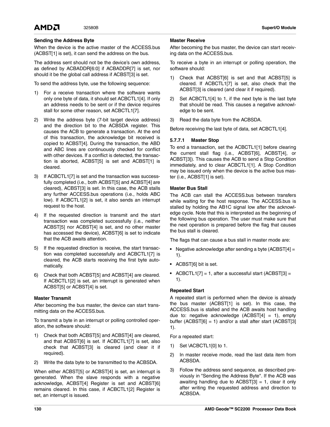 AMD SC2200 manual Sending the Address Byte, Master Transmit, Master Receive, Master Stop, Master Bus Stall, Repeated Start 