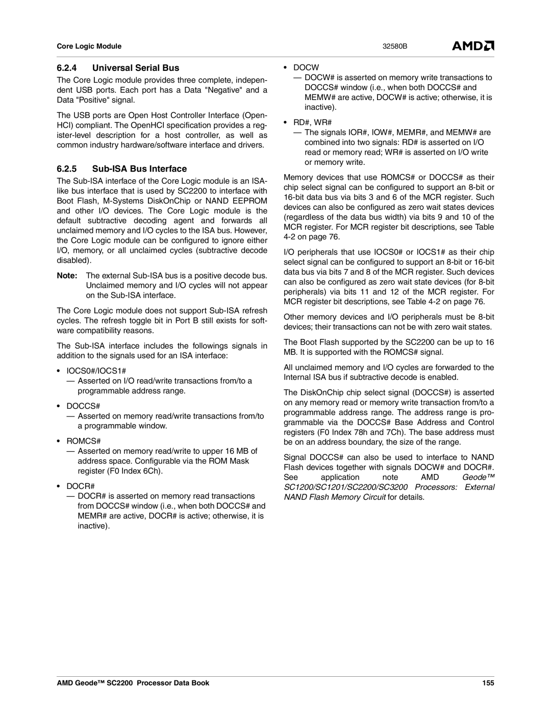 AMD manual Universal Serial Bus, Sub-ISA Bus Interface, IOCS0#/IOCS1#, Docw, AMD Geode SC2200 Processor Data Book 155 