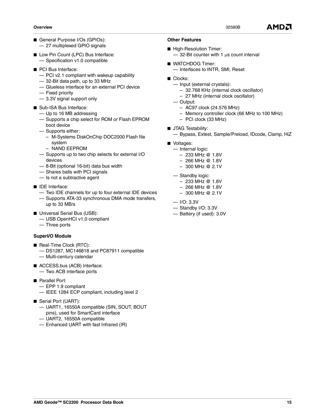 AMD SC2200 manual Nand Eeprom, SuperI/O Module, Other Features, Overview 