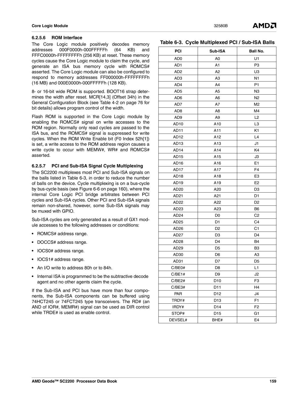 AMD SC2200 manual Cycle Multiplexed PCI / Sub-ISA Balls, ROM Interface, PCI and Sub-ISA Signal Cycle Multiplexing, Pci 