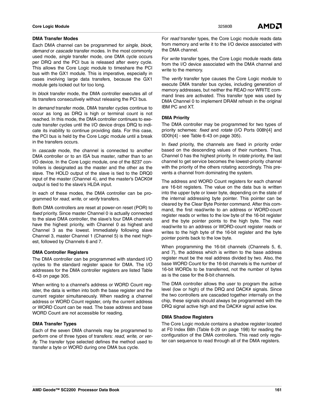 AMD SC2200 manual DMA Transfer Modes, DMA Controller Registers, DMA Transfer Types, DMA Priority, DMA Shadow Registers 