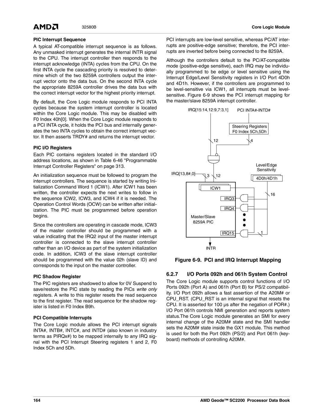 AMD SC2200 manual PIC Interrupt Sequence, PIC I/O Registers, PIC Shadow Register, PCI Compatible Interrupts, 164 