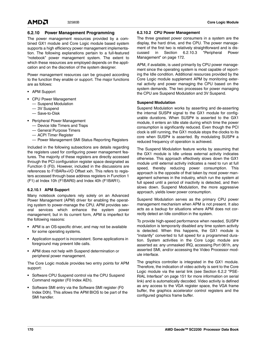 AMD SC2200 manual Power Management Programming, APM Support, CPU Power Management, Suspend Modulation, 170 