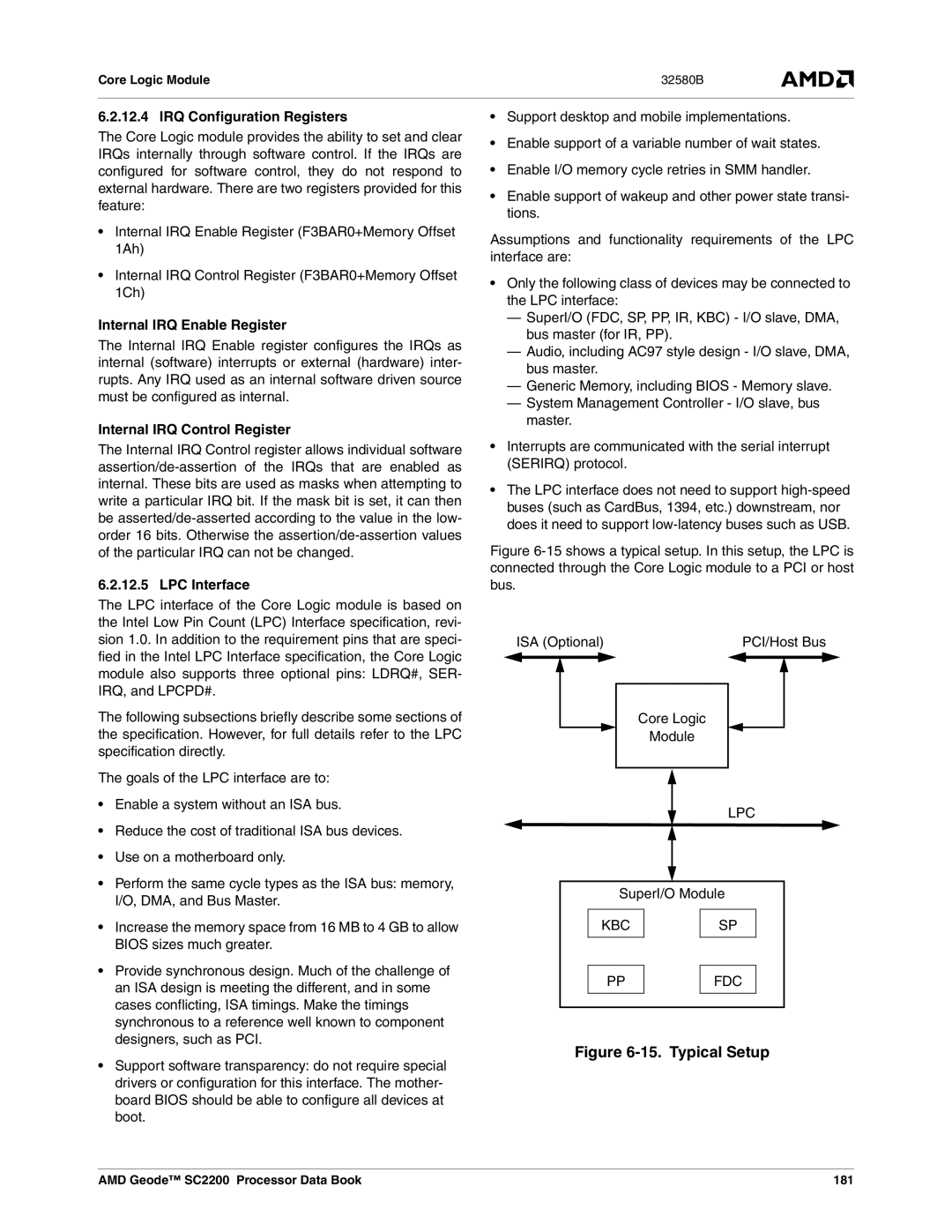 AMD SC2200 manual IRQ Configuration Registers, Internal IRQ Enable Register, Internal IRQ Control Register, LPC Interface 