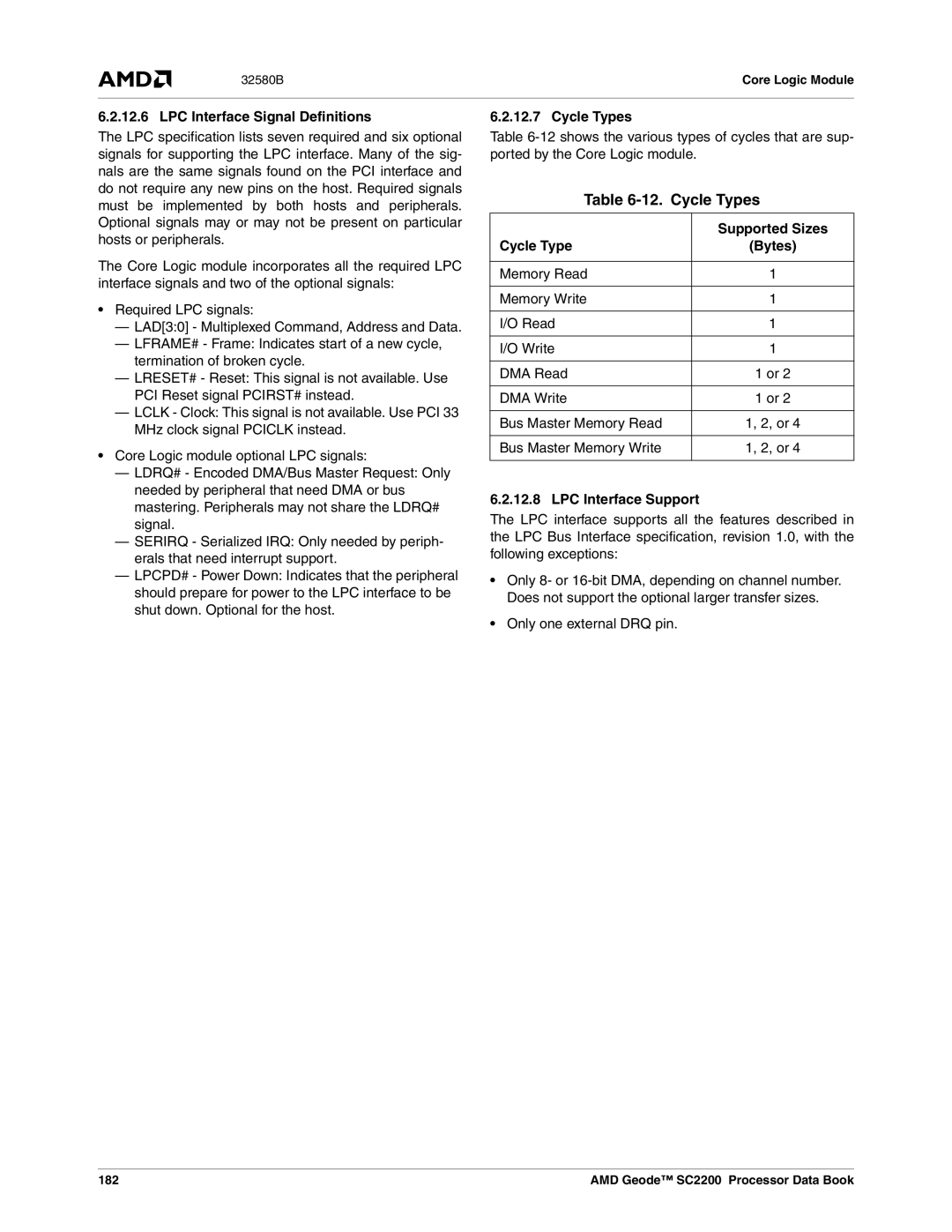 AMD SC2200 manual Cycle Types 