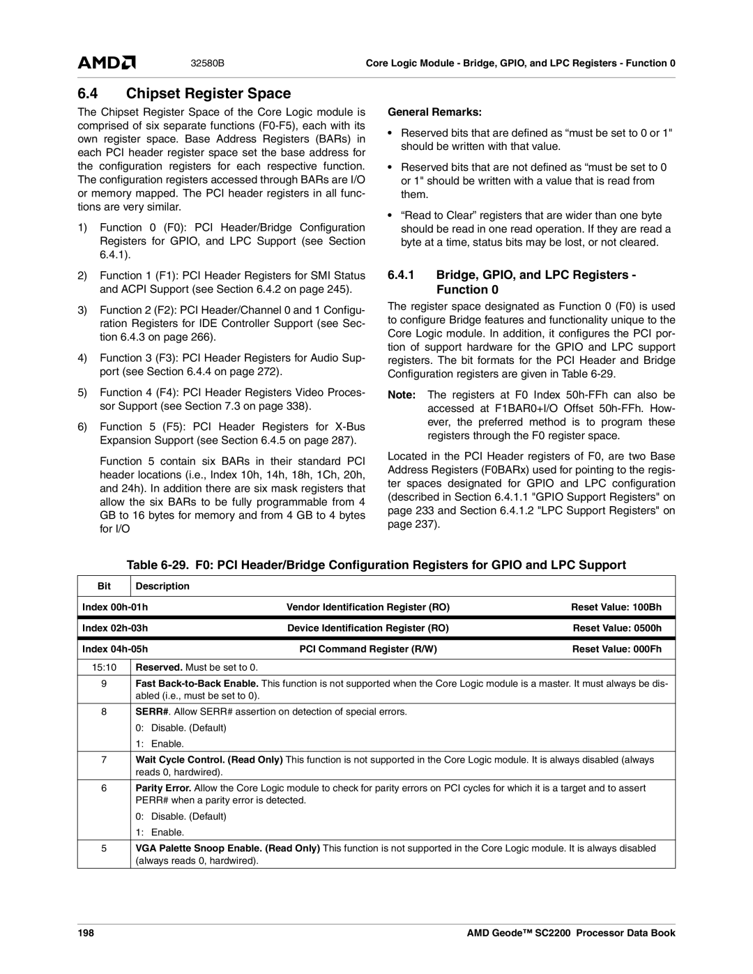 AMD SC2200 manual Chipset Register Space, Bridge, GPIO, and LPC Registers Function, General Remarks 