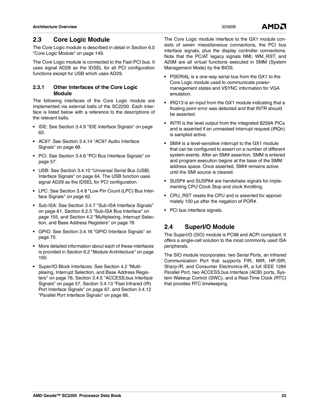 AMD SC2200 manual Other Interfaces of the Core Logic Module 