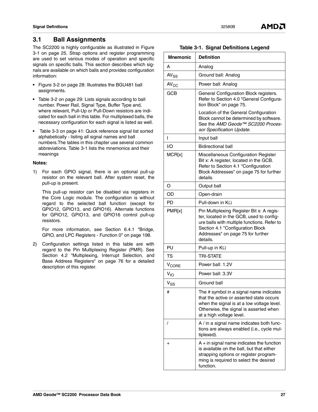 AMD SC2200 manual Ball Assignments, Signal Definitions Legend, Mnemonic Definition 